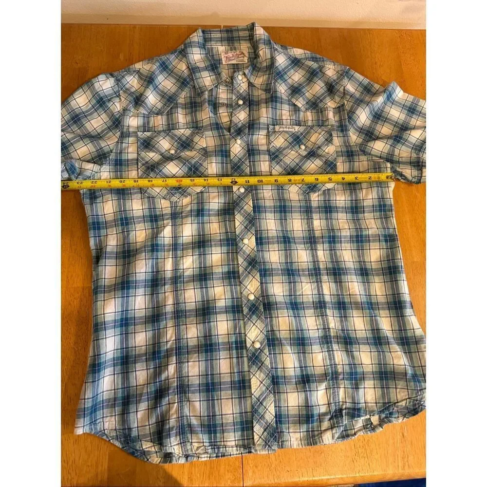 True Religion Men’s XL Blue Plaid Western Pearl Snap Shirt Short Sleeve Button U